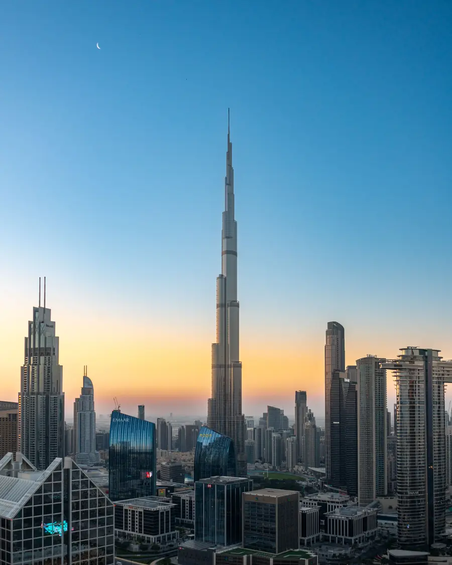 The Burj Khalifa above the Dubai skyline at dusk