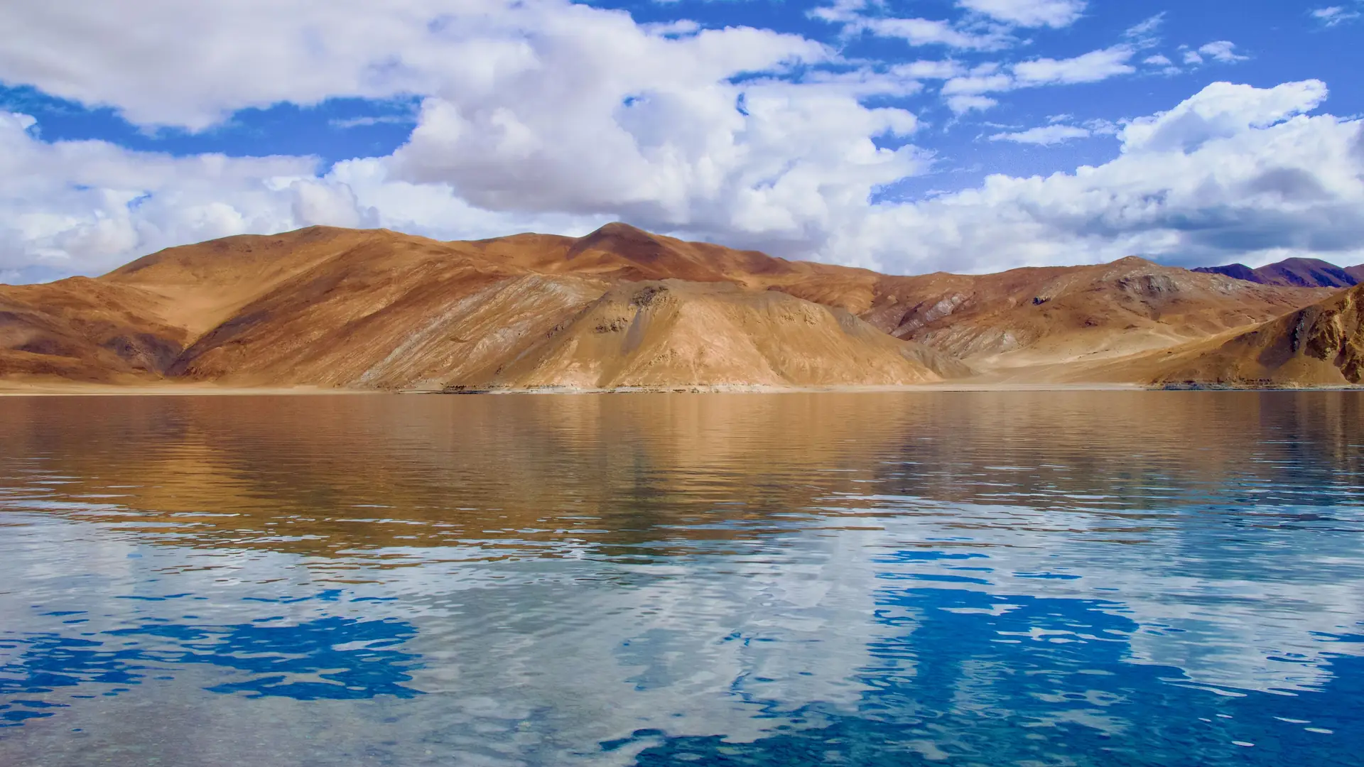 Mountains reflected in the still water of Pangong lake, Ladakh