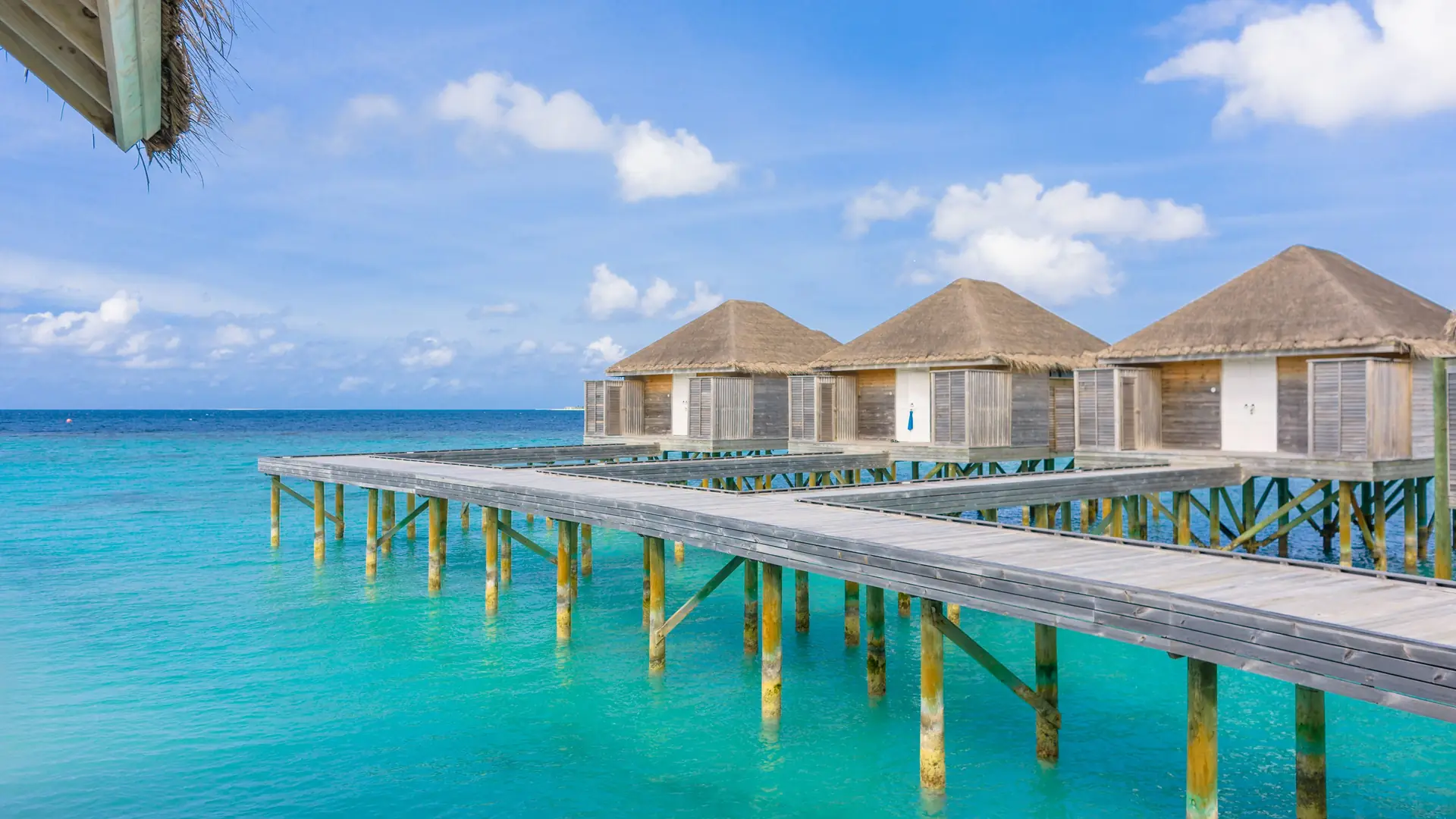 A wooden jetty leading to water villas over a lagoon in the Maldives
