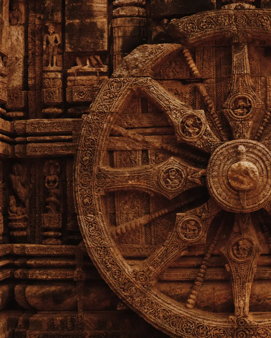 A carved stone wheel of the Sun Temple at Konark, Odisha, seen close