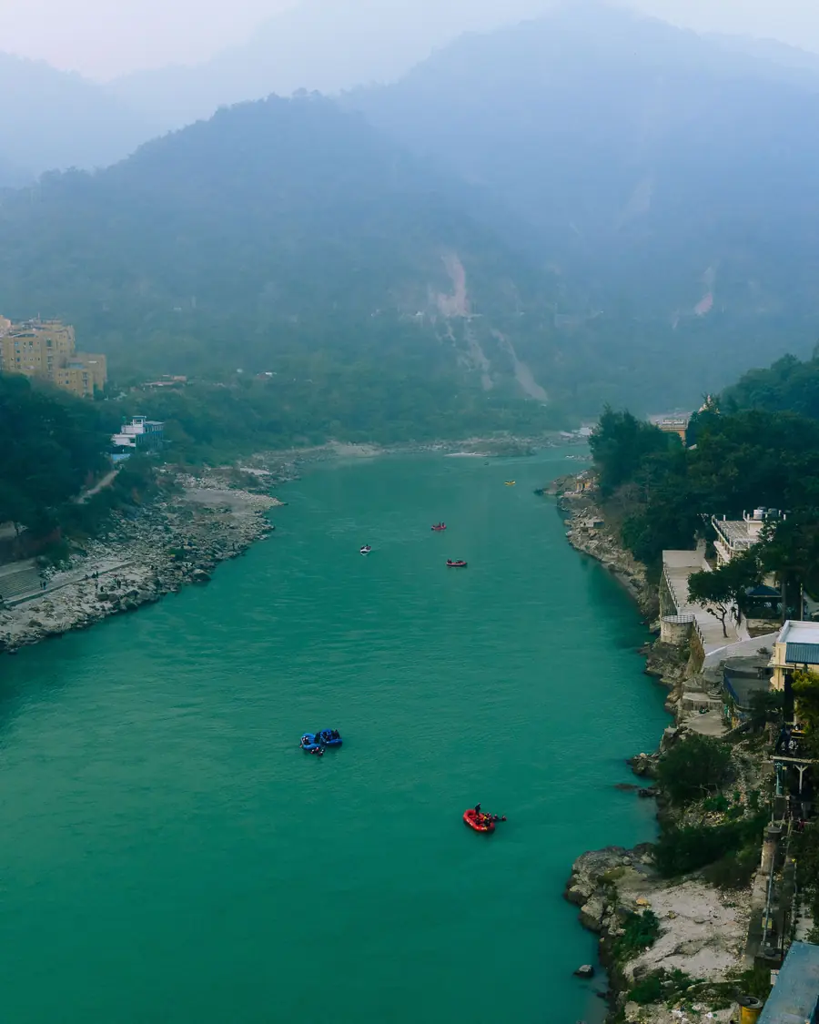 The green Ganga winding past Rishikesh, seen from above